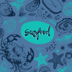 Seafood vector design template, banner. Seafood vector illustration hand drawn. Restaurant menu.