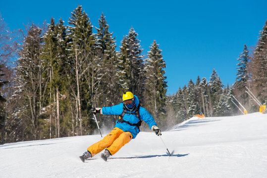 Freeride skier skiing in the mountains at the winter resort. Blue sky and winter forest on the background. Copyspace extreme travelling recreation resort people adventure living concept
