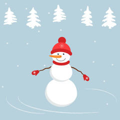 Snowman in a red hat and mittens on a blue background. Winter landscape with fir trees. It can be used as a design element in the Christmas composition. Vector illustration