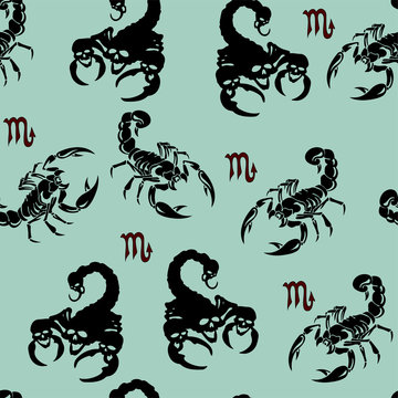 Sign of the zodiac-Scorpio, Seamless pattern, (wallpaper,) on a blue background,