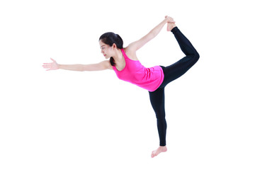 Woman doing yoga in standing half bow pose or Utthita Ardha Dhanurasana pose.