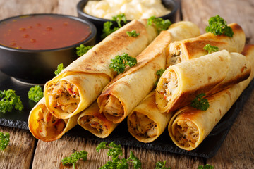 Baked taquitos with chicken and cheese close-up. horizontal