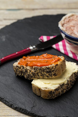 Toasted bread with different pates.
