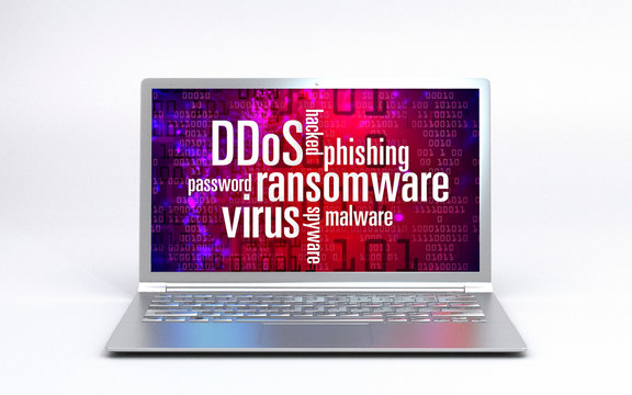 ransomware word cloud Virus - hacked Computer red background
