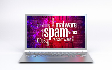 spam word cloud Virus - hacked Computer red background