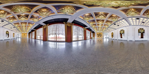 Panorama in interior of a huge empty banquet hall.  Full 360 by 180 degree seamless spherical panorama in equirectangular equidistant projection