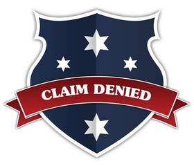 Blue shield and red ribbon with CLAIM DENIED text.