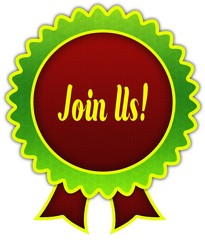 JOIN US   on red and green round ribbon badge.