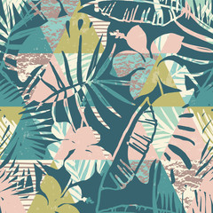 Seamless exotic pattern with tropical plants and geometric background.