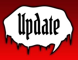 Horror speech bubble with UPDATE text message. Red background.