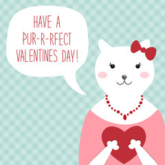 Cute retro hand drawn Valentine's Day card as funny Cat with Heart and speech bubble
