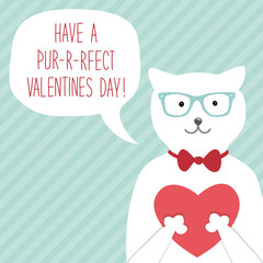 Cute retro hand drawn Valentine's Day card as funny Cat with Heart and speech bubble