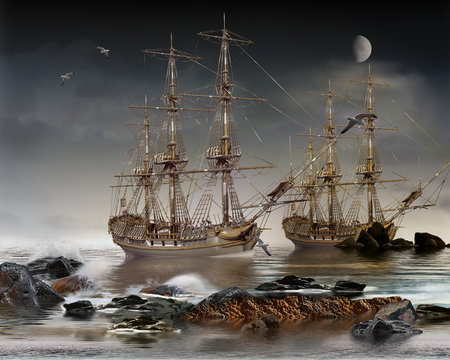 alte Segelschiffe, Dreimaster, Fregatten  auf hoher See