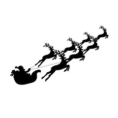 Santa Claus rides in a sleigh in harness on the reindeer. White