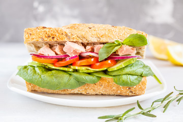 Healthy tuna sandwich with vegetables and rye baguette