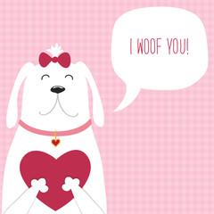 Cute retro hand drawn Valentine's Day card as funny Dog with Heart and speech bubble