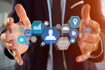 Business network application displayed on a futuristic interface