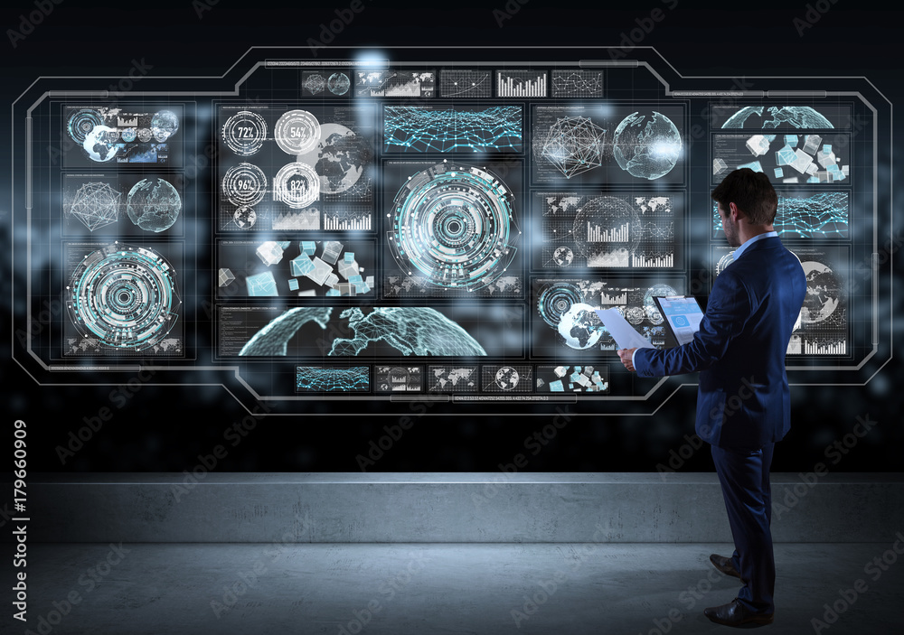 Poster Businessman watching graph screens interface on a rooftop 3D rendering