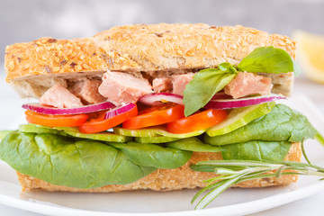 Healthy tuna sandwich with vegetables and rye baguette