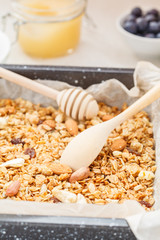 Baked oats granola with nuts and honey.