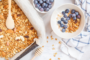 Baked oats granola with nuts and honey, milk and homemade yogurt.