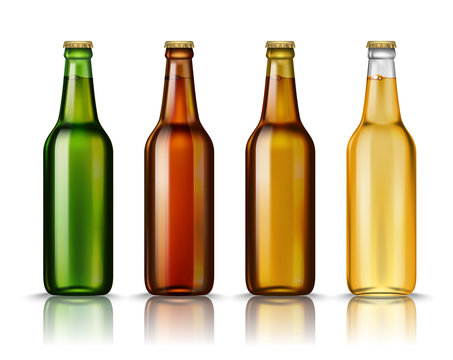 Realistic Green, brown, yellow and white glass beer bottles with drink isolated on a white background. Vector illustration. Mock up template blank for product packing advertisement.