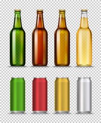 Realistic Green, brown, yellow and semipermeable glass beer bottles and can with drink isolated on a white background. Vector illustration. Template blank for product packing advertisement.