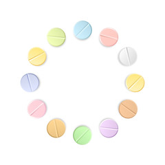 Set of twelve vector realistic pills located around isolated on transparent background. Medicines, tablets, capsules, drug of painkillers, antibiotics, vitamins.