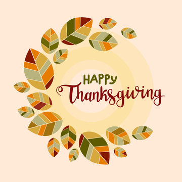 Happy thanksgiving background. Poster with colorful flat leaves
