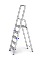 3d rendering of a metal builder's step ladder with blue fittings in side view on a white background.