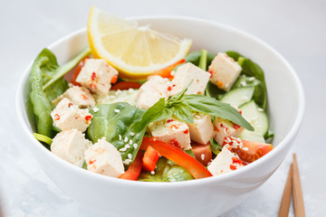 Vegan healthy salad with paprika tofu and vegetables.