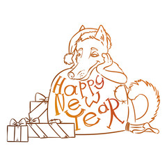 Yellow dog for New Year 2018, cute symbol of horoscope. Cute puppy in cartoon doodle style.