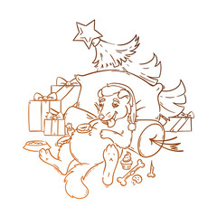 Yellow dog for New Year 2018, cute symbol of horoscope. Cute puppy in cartoon doodle style.