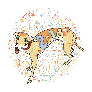 Yellow dog for New Year 2018, cute symbol of horoscope. Cute and pretty italian greyhound for holidays. Cute puppy in cartoon doodle style.