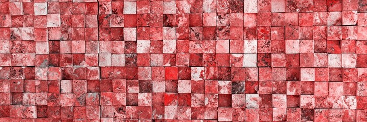 Uneven wall of small red square stones, red background