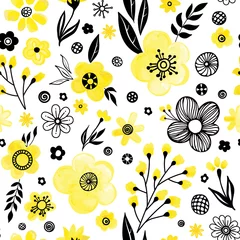 Foto auf Acrylglas Floral seamless pattern design. Spring flowers and leaves. Cute hand drawn vector illustration. Black and yellow elements on white background. © elinorka