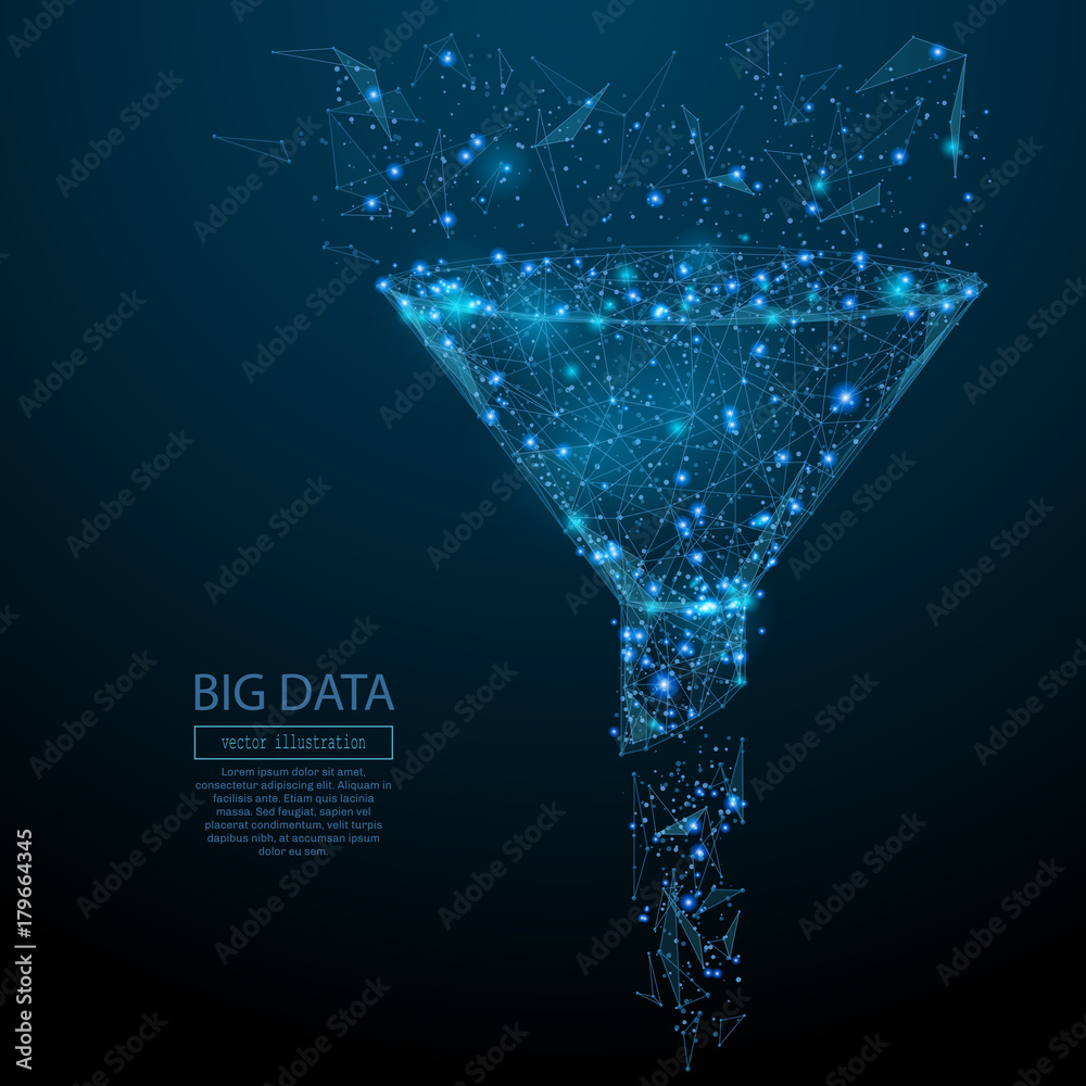 Aufkleber Abstract image of a funnel in the form of a starry sky or space, consisting of points, lines, and shapes in the form of planets, stars and the universe. Vector big data or sales funnel concept.