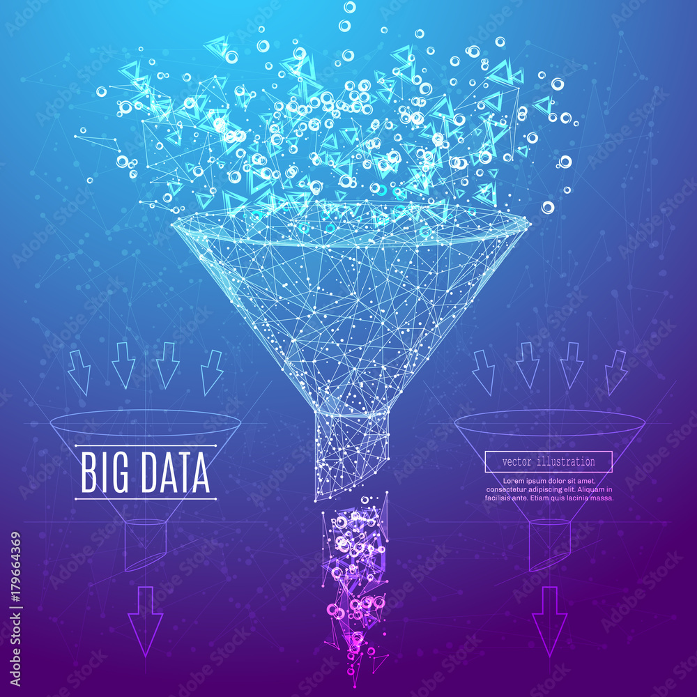 Poster big data or sales funnel in the form of a starry sky or space, consisting of points, lines, and shap
