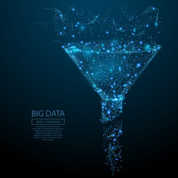 Abstract image of a funnel in the form of a starry sky or space, consisting of points, lines, and shapes in the form of planets, stars and the universe. Vector big data or sales funnel concept.