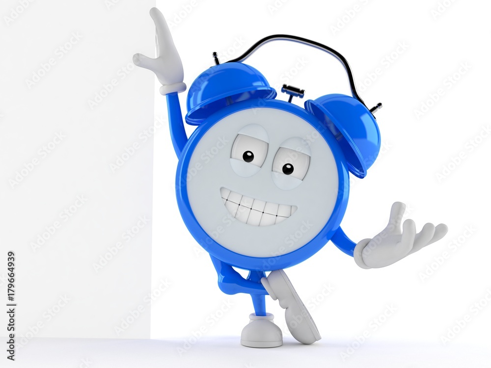 Wall mural alarm clock character leaning against a wall