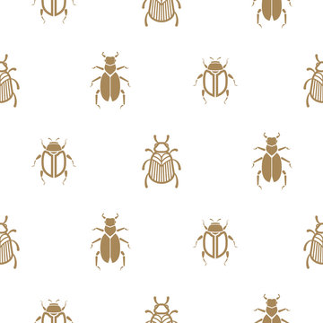 Beetle Gold And White Vector Seamless Pattern For Print. Simple Insect Background.