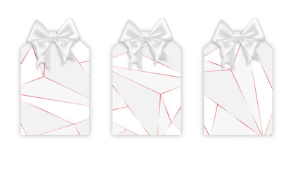 Geometric triangles label set, vector illustration. Realistic labels mockup, rose pink stroke, white triangle shapes, low poly trendy texture. Beautiful ribbon silk white bow on the top.