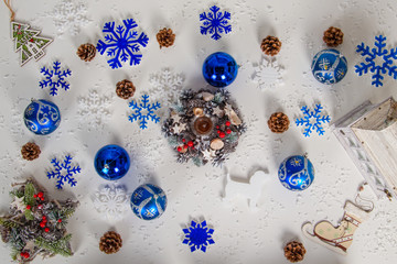 Traditional christmas decorations on wooden background.