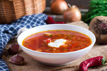 Beetroot soup Traditional Ukrainian borscht with sour cream