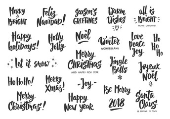 Set of holiday greeting quotes and wishes. Hand drawn text. Great for cards, gift tags and labels, photo overlays, party posters.