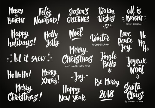 Set of holiday greeting quotes and wishes. Hand drawn text. Great for cards, gift tags and labels, photo overlays, party posters.