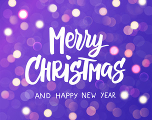 Merry Christmas and Happy New Year text. Holiday greetings quote. Purple background with sparkling glowing lights. Bokeh effect. 