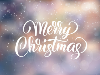Merry Christmas text. Holiday greetings quote. Blurred winter background with falling snow effect