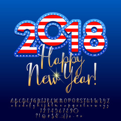 Vector Happy New Year 2018 Greeting Card with United Stated of America flag. Set of Letters, Symbols and Numbers.