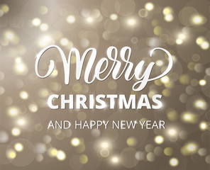 Merry Christmas text. Holiday greetings quote. Golden glowing sparkling lights background, bokeh effect.